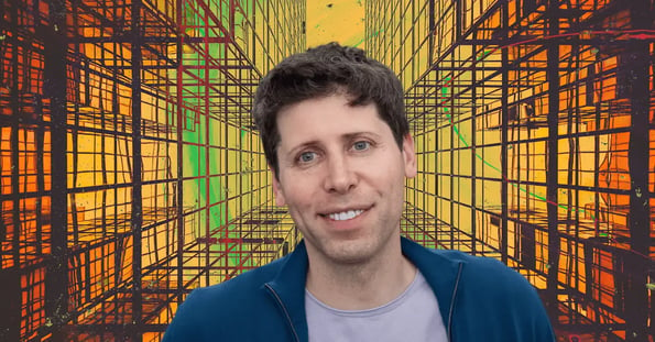 A photograph of Sam Altman against an orange and yellow background.